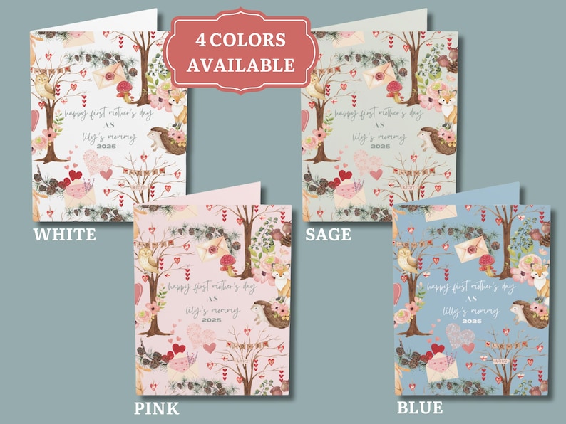 May include: Greeting cards in four colors: white, sage, pink, and blue. Each card features a whimsical illustration with trees, hearts, and woodland creatures. Text reads "Happy First Mother's Day as Lily's Nanny 2025".