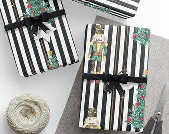 Carta da regalo natalizia, motivo Schiaccianoci e albero di Natale, strisce nere, rotolo di carta da regalo per le feste, confezioni festive
