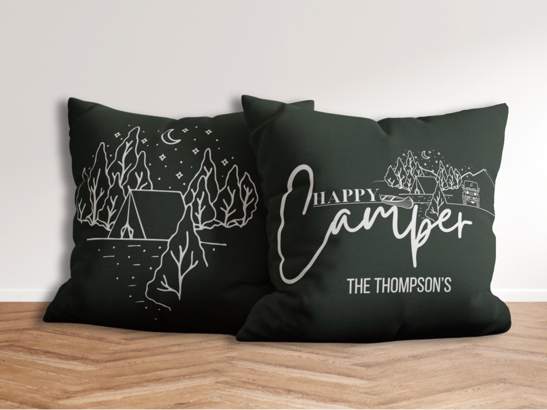 Federa Cuscino Hopyeer Happy Camper 45x45 Cm In Cotone E Lino, Con Camper, Alberi E Falò – Arancione E Naturale