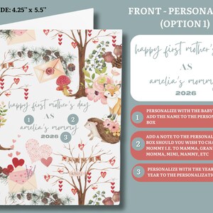 May include: A personalized Mother's Day card with a woodland theme. The front features the text "Happy First Mother's Day" and "as amelia's mommy 2026". The card measures 4.25" x 5.5" and includes illustrations of an owl, fox, and hedgehog.