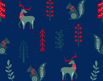 Papel de regalo navideño, diseño de árbol de arte folclórico escandinavo, rollo de papel de regalo para las fiestas, papel noruego sueco, azul marino y rojo