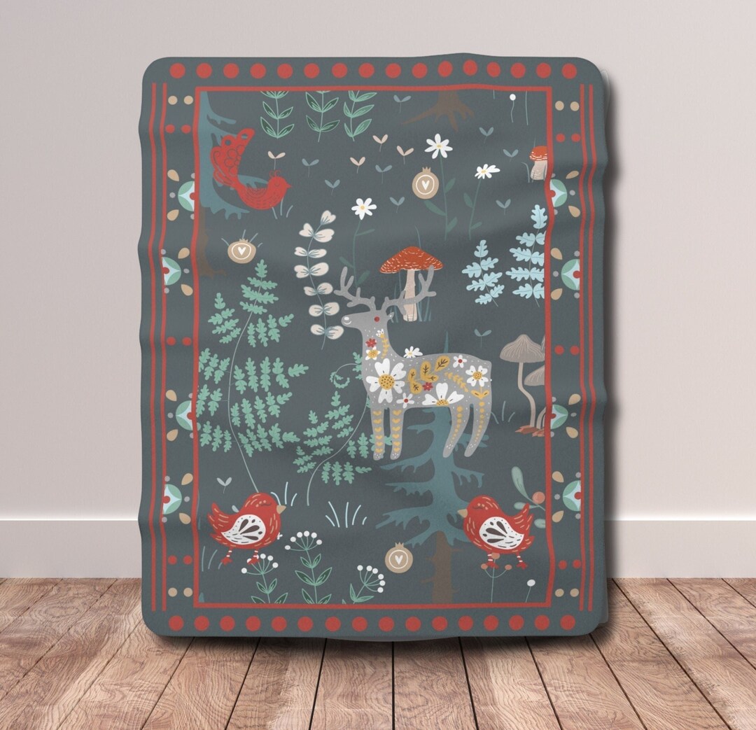 Image showcasing Scandinavian Folk Art Throw Blanket| Woodland Animals| Swedish ...