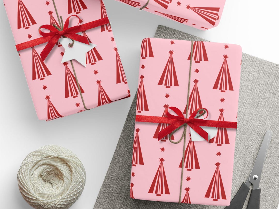 Pink Christmas Gift Wrap pink Red Christmas Tree Wrapping Paper winter Woodland Forest Paper