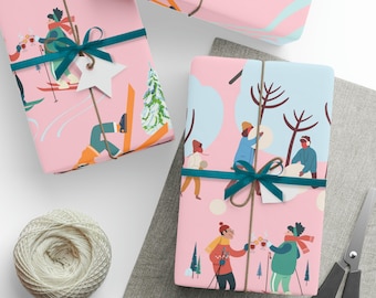 Ski Wrapping Paper, Ski Winter Woodland Gift Wrap, Ski Lover Birthday Gift, Pink Christmas Holiday Gift Wrap Roll for Presents