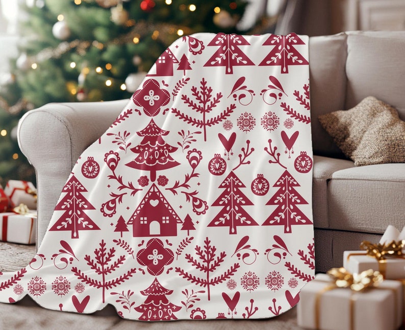 Scandinavian Christmas Blanket Norwegian Folk Art Throw Blanket