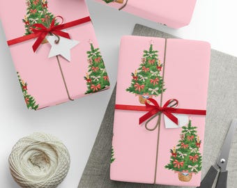 ピンクのクリスマスツリーラッピングペーパー | ヴィンテージクリスマスラップ | ホリデーラッピング | 華やかなクリスマスラップ | ホリデーギフトラップ | 冬のバースデーラップ