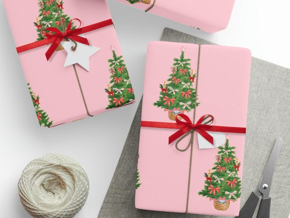 Pink Christmas Tree Wrapping Paper | Vintage Christmas Wrap| Holiday Wrapping |Glam Christmas Wrap |Holiday Gift Wrap| Winter Birthday Wrap