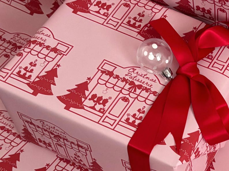 Christmas Wrapping Paper, Pink Christmas Vintage Paris Patisserie Design, Holiday Gift Wrap Roll for Presents, Festive Xmas Wrapping Paper image 4