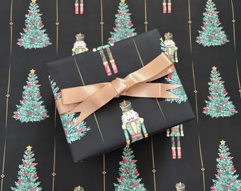 Christmas Wrapping Paper, Nutcracker & Christmas Tree, Black Gold, Holiday Gift Wrap Roll for Presents, Winter Festive Wrap, Vintage Style