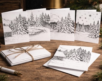 Juego de 5 tarjetas de felicitación con diseño de abeto, tarjetas de invierno con temática de bosque, tarjetas de notas con motivos de bosque, papelería inspirada en la naturaleza, tarjetas de agradecimiento navideñas.