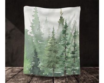 Blanket, Watercolor Evergreen Forest, Pine Tree Fleece Throw, Cozy Cabin & Lodge Decor, Woodland Nature-Inspired Home Gift, Soft Warm Throw