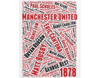 Manchester United Poster, Man Utd History Wall Print, Red Devils Managers and Players Poster