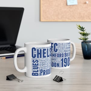 Chelsea FC Mug, Blues History Cup, Famous Players, Manager and Dates, Football Mug
