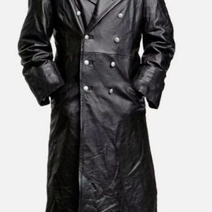 Men German Classic Military Uniform Black Leather Trench Coat