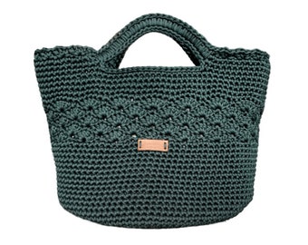 Dark Green Crochet Handbag – Spacious & Handmade Tote – Everyday Unique Bag