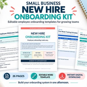 Op de afbeelding: Een digitale onboarding-kit voor nieuwe medewerkers in kleine bedrijven met 26 bewerkbare pagina's. De documenten bevatten een welkomstbrief, trainingsschema en een naslagwerk met blauwe, zwarte en rode tekst op wit papier.
