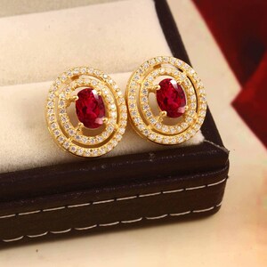 Burma Ruby Stud Earrings, 10K Gold Plated Sterling Silver, 8x6 MM Pigeon Red Gemstone Her Proposal Gift