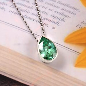 12x8 MM - AAA Quality Ceylon Green Sapphire Pear Pendant, 925 Sterling Silver Gemstone Pendant, September Birthstone, Her Proposal Gift