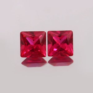 Burma Ruby Loose Gemstone: 5x5mm Square Princess Cut, Pigeon Red Pair