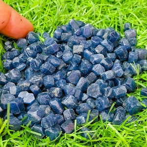 May include: A pile of small, dark blue sapphire gemstones on a bed of green grass.