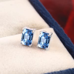 6x4 MM - Super Quality Brazilian Aquamarine Radiant Cut Gemstone Earing, 925 Sterling Silver Pushback Studs Proposal Gift, March Birthstone