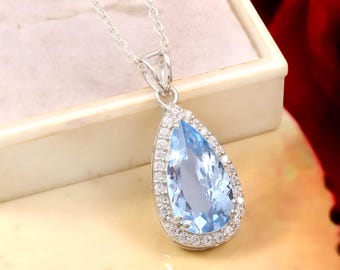 Colgante de aguamarina AAA en forma de pera: Plata de ley 925, piedra natal de marzo
