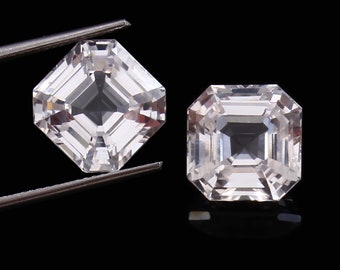 AAA Nice Luster Flawless Ceylon White Sapphire Loose Asscher Cut Gemstone, Premium Quality Sapphire Earing Making Matched Pair - 9x9 MM