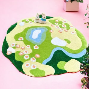Hand Tufted Moss Rug with Flowers, Handmade 3D Moss Pond Round Area Rug, Circle Forest Meadow Daisy Landscape Rug, Nursery Gift for Her