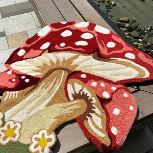 Hand Tufted Mushroom Rug with Flowers, Handmade Fairy Forest Red Toadstool Rug, Cottagecore Irregular Area Rug