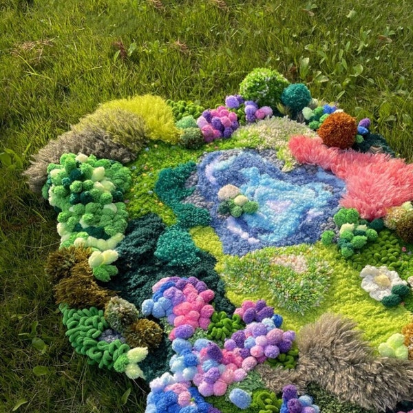 Colorful Moss Rug with Pond, Cozy Fluffy 3D Latch Hook Handmade Rug, Forest Meadow Landscape Decor, Runner for Bedroom, Unique Gift for Her