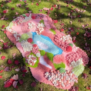 Pink Colorful Moss Rug with Pond, Cozy Fluffy 3D Latch Hook Handmade Rug, Landscape Rug, Runner for Bedroom, Unique Home Gift