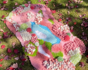 Pink Colorful Moss Rug with Pond, Cozy Fluffy 3D Latch Hook Handmade Rug, Landscape Rug, Runner for Bedroom, Unique Home Gift