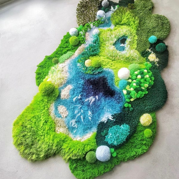 Handmade Moss Rug with Pond, Cozy Fluffy 3D Latch Hook Crochet Rug, Forest Meadow Rug, Landscape Rug, Runner for Bedroom, Unique Home Gift