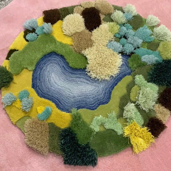3D Round Moss Landscape Rug with Pond, Fairy Garden Grass Forest Lake Room Decor, Small Circle Nature Area Rug for Pet