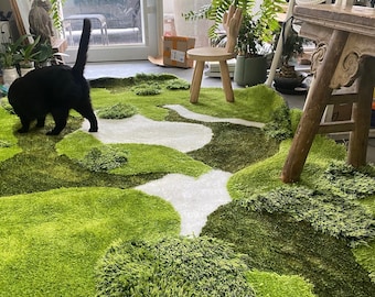 Realistisch 3D mosvloerkleed met grasrijke grasmatten, groen onregelmatig grasweidetapijt, bostuinlandschapsdecor