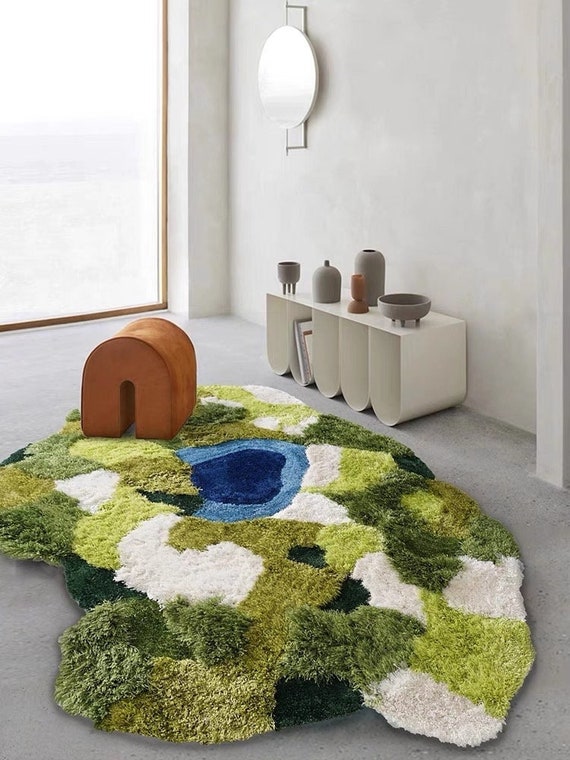Realistic 3D Moss Area Rug With Grassy Turfs, Green Irregular