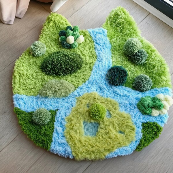 Cat Shaped Moss Rug with Pond, Furry Pet Mat, Green and Blue Mug Rug, Grassy Coaster, Office Gift, Mother’s Day Gift for Her, Pet Birthday