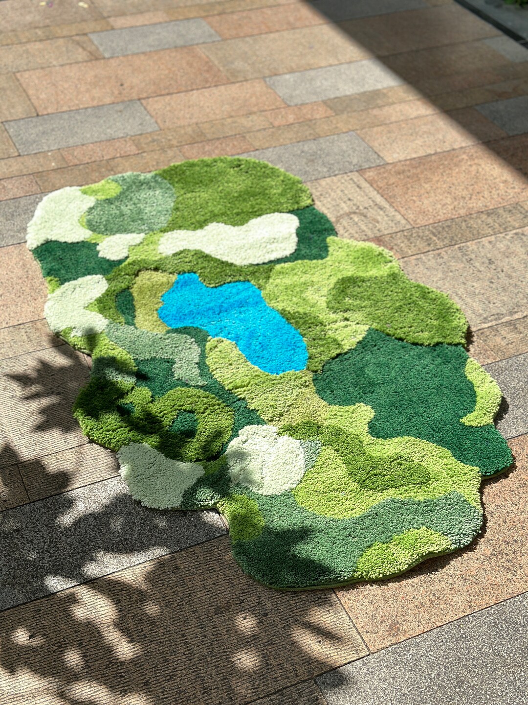 Irregular Moss Rug With Pond, Meadow Grass Carpet, Green Forest