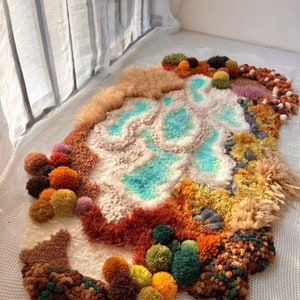 Earthy Colorful Moss Rug with Pond, Cozy Fluffy 3D Latch Hook Handmade Rug, Artistic Runner for Bedroom, Unique Aesthetic Home Gift for Her