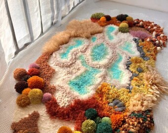 Earthy Colorful Moss Rug with Pond, Cozy Fluffy 3D Latch Hook Handmade Rug, Artistic Runner for Bedroom, Unique Aesthetic Home Gift for Her