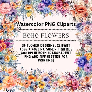 Watercolor Floral Clipart Bouquets, Boho Flowers PNG TIFF, Commercial Use, Digital Clipart, Wedding, Summer