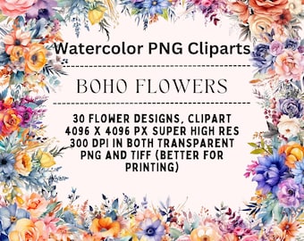 Watercolor Floral Clipart Bouquets, Boho Flowers PNG TIFF, Commercial Use, Digital Clipart, Wedding, Summer