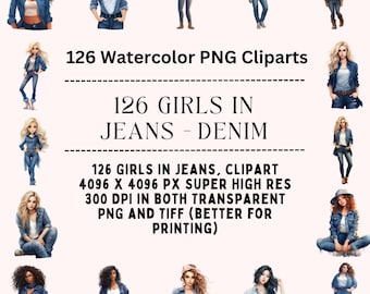 Chic Denim Fashionista Clipart, Girls in Jeans, Fashion Girls Clipart