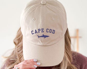 Cape Cod Shark Embroidered Classic Cap, Shark Lover Gift, Cape Cod Souvenir Baseball Hat, Summer Vacation Beach Hat, Adjustable Unisex Cap