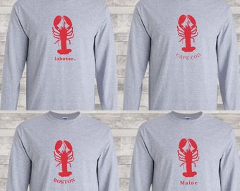 Custom Lobster Long Sleeve Unisex T-Shirt, Choice of Cape Cod, Boston, Maine lobster Shirt, Personalized Crustacean Design, Ocean Life Shirt