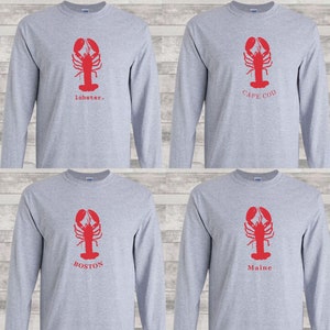 Custom Lobster Long Sleeve Unisex T-Shirt, Choice of Cape Cod, Boston, Maine lobster Shirt, Personalized Crustacean Design, Ocean Life Shirt