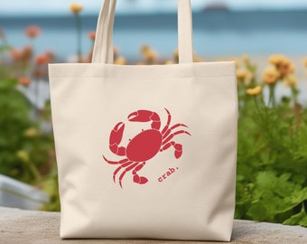 Katoenen canvas draagtas rode krab, strandhuiscadeau, boodschappentas zeeleven, draagtas kustthema, print van schaaldieren leuk cadeau voor oceaanliefhebber