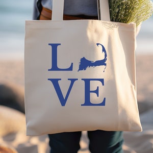Cape Love Cotton Canvas Tote Bag, Cape and Islands Beach House Gift, Cape Cod Shopping Bag, Coastal Themed Tote, Cute Gift for Ocean Lover