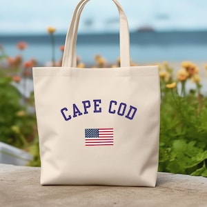 Cape Cod USA Flag Cotton Canvas Tote Bag, Cape Beach House Gift, Cape Cod Shopping Bag, Coastal Themed Tote, Cute Gift for Ocean Lover