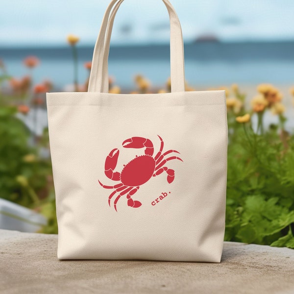 Red Crab Cotton Canvas Tote Bag, Beach House Gift, Marine Life Shopping Bag, Coastal Themed Tote, Crustacean Print Cute Gift for Ocean Lover